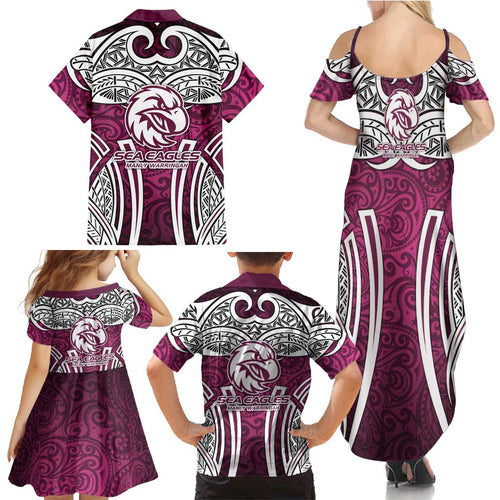 Manly Warringah Sea Eagles Rugby Family Matching Summer Maxi Dress and Hawaiian Shirt Polynesian Tribal Eagle Warrior Maroon Pattern