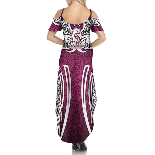Manly Warringah Sea Eagles Rugby Family Matching Summer Maxi Dress and Hawaiian Shirt Polynesian Tribal Eagle Warrior Maroon Pattern