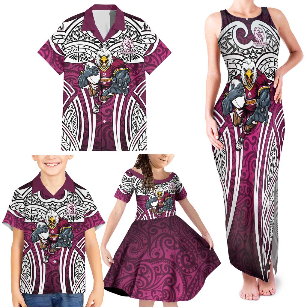 Manly Warringah Sea Eagles Rugby Family Matching Tank Maxi Dress and Hawaiian Shirt Polynesian Tribal Eagle Warrior Maroon Pattern