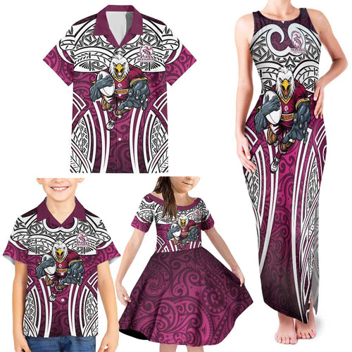 Manly Warringah Sea Eagles Rugby Family Matching Tank Maxi Dress and Hawaiian Shirt Polynesian Tribal Eagle Warrior Maroon Pattern