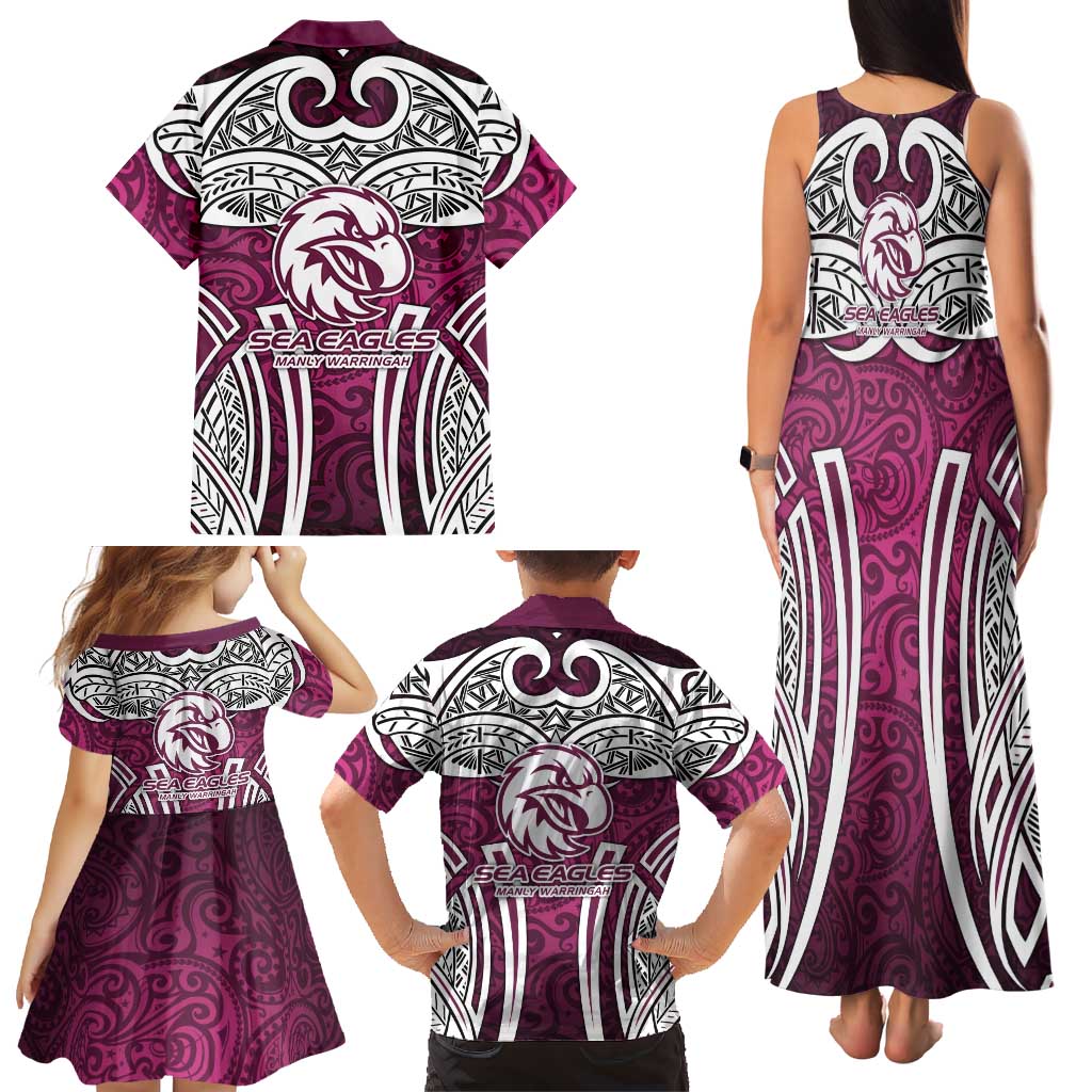 Manly Warringah Sea Eagles Rugby Family Matching Tank Maxi Dress and Hawaiian Shirt Polynesian Tribal Eagle Warrior Maroon Pattern