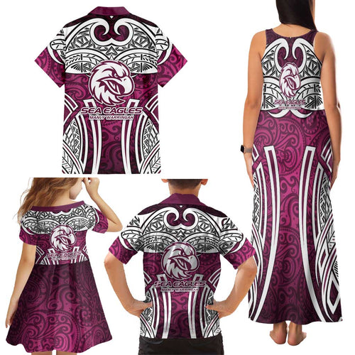 Manly Warringah Sea Eagles Rugby Family Matching Tank Maxi Dress and Hawaiian Shirt Polynesian Tribal Eagle Warrior Maroon Pattern
