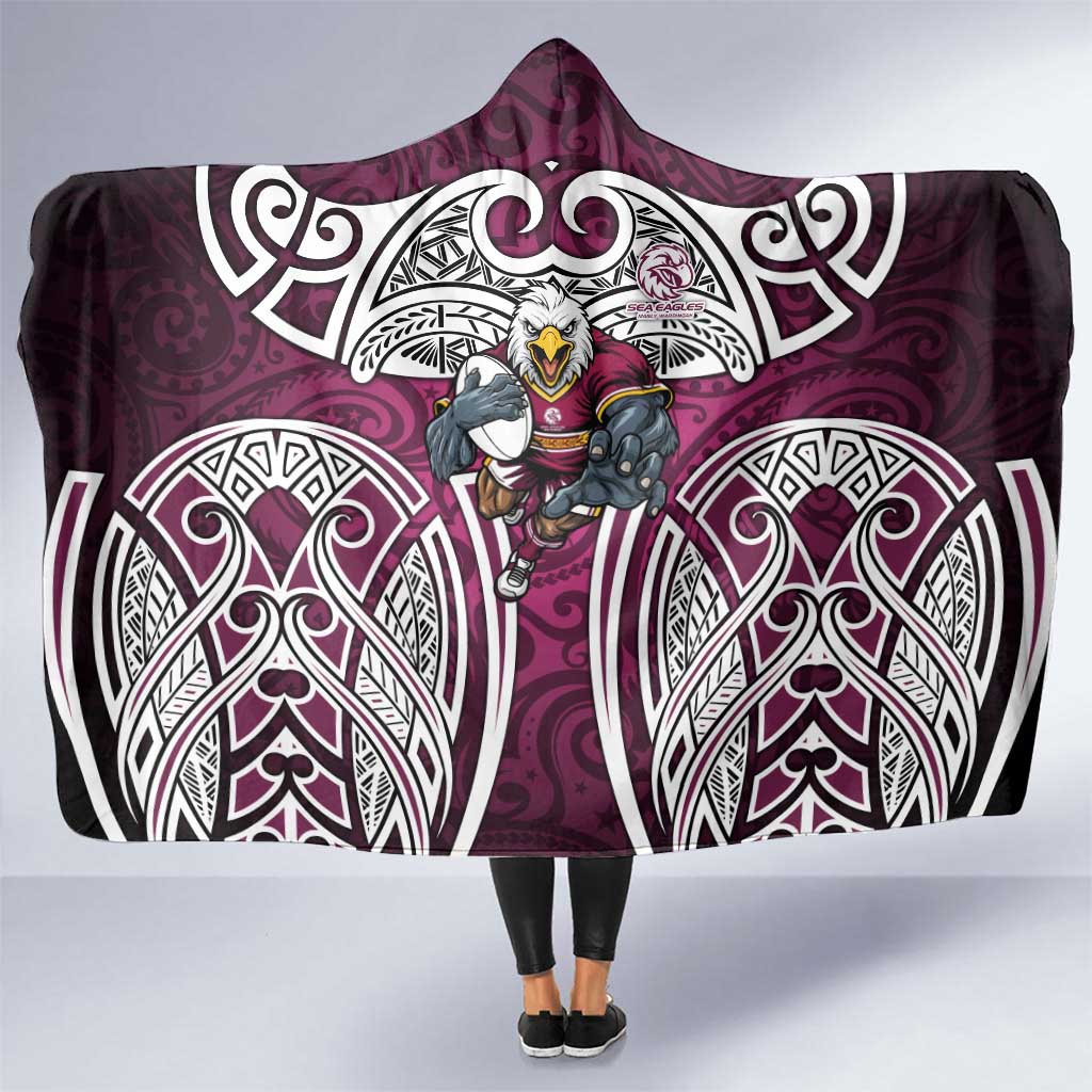 Manly Warringah Sea Eagles Rugby Hooded Blanket Polynesian Tribal Eagle Warrior Maroon Pattern