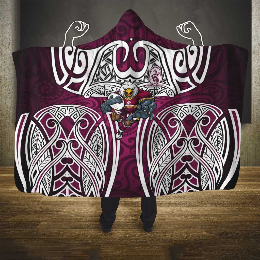Manly Warringah Sea Eagles Rugby Hooded Blanket Polynesian Tribal Eagle Warrior Maroon Pattern