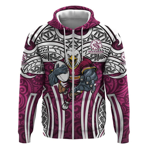 Manly Warringah Sea Eagles Rugby Hoodie Polynesian Tribal Eagle Warrior Maroon Pattern