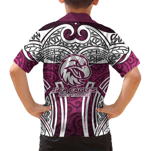 Manly Warringah Sea Eagles Rugby Kid Hawaiian Shirt Polynesian Tribal Eagle Warrior Maroon Pattern
