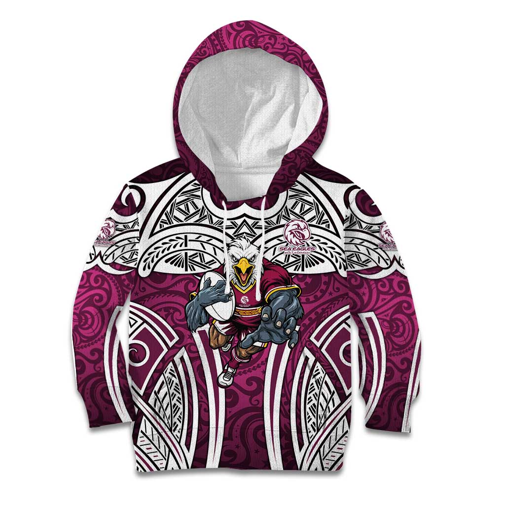 Manly Warringah Sea Eagles Rugby Kid Hoodie Polynesian Tribal Eagle Warrior Maroon Pattern
