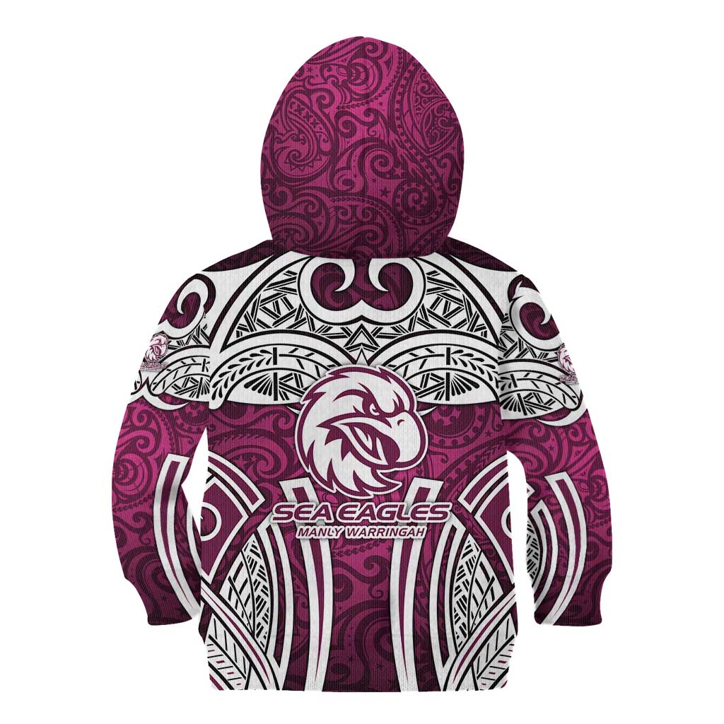 Manly Warringah Sea Eagles Rugby Kid Hoodie Polynesian Tribal Eagle Warrior Maroon Pattern