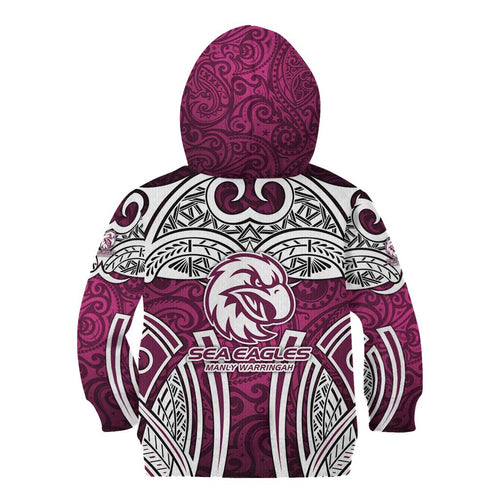 Manly Warringah Sea Eagles Rugby Kid Hoodie Polynesian Tribal Eagle Warrior Maroon Pattern