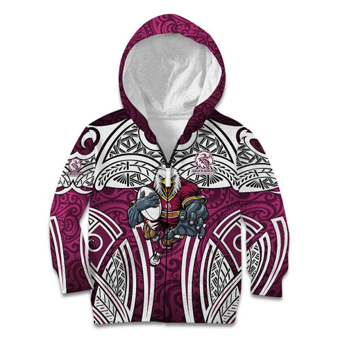 Manly Warringah Sea Eagles Rugby Kid Hoodie Polynesian Tribal Eagle Warrior Maroon Pattern