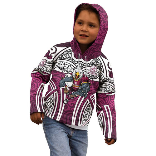 Manly Warringah Sea Eagles Rugby Kid Hoodie Polynesian Tribal Eagle Warrior Maroon Pattern