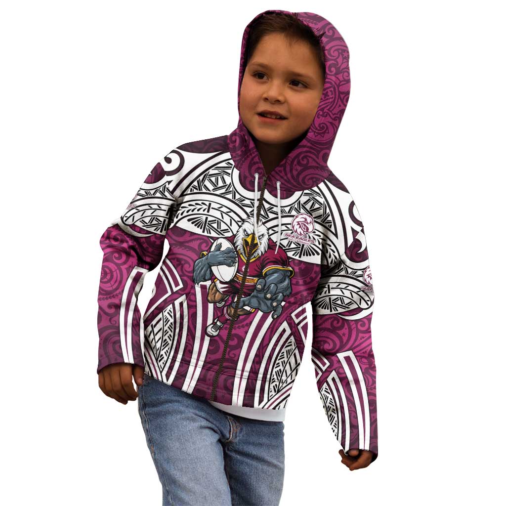 Manly Warringah Sea Eagles Rugby Kid Hoodie Polynesian Tribal Eagle Warrior Maroon Pattern