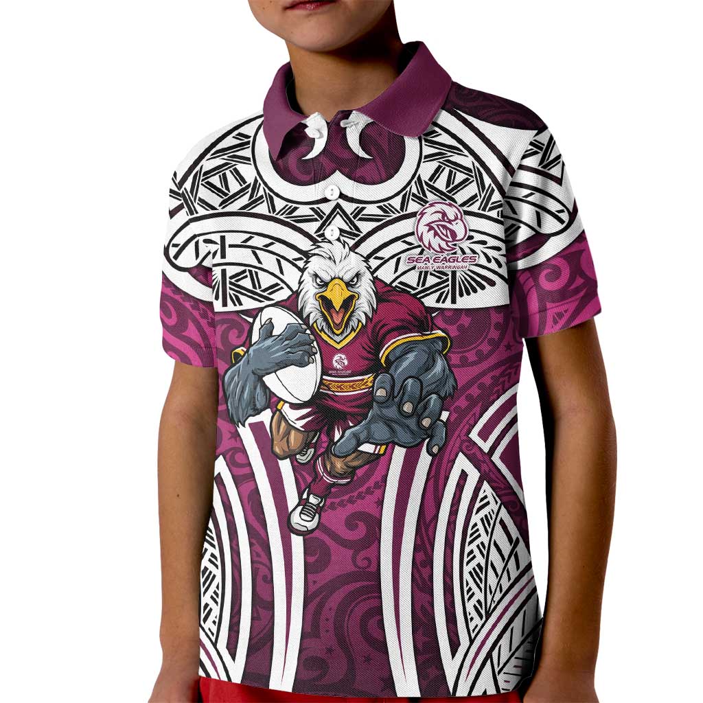 Manly Warringah Sea Eagles Rugby Kid Polo Shirt Polynesian Tribal Eagle Warrior Maroon Pattern