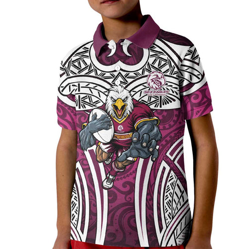 Manly Warringah Sea Eagles Rugby Kid Polo Shirt Polynesian Tribal Eagle Warrior Maroon Pattern
