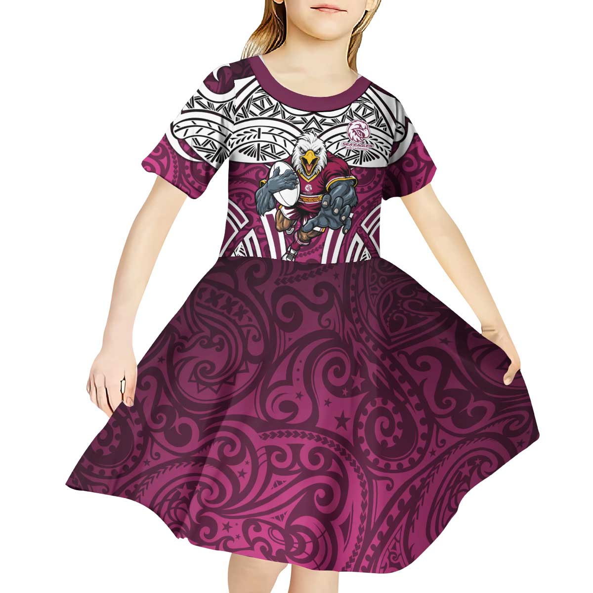 Manly Warringah Sea Eagles Rugby Kid Short Sleeve Dress Polynesian Tribal Eagle Warrior Maroon Pattern