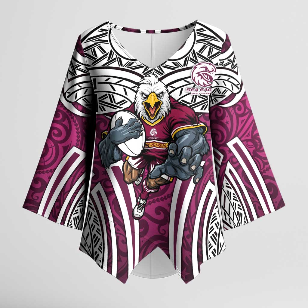 Manly Warringah Sea Eagles Rugby Kimono Sleeve Blouse Polynesian Tribal Eagle Warrior Maroon Pattern