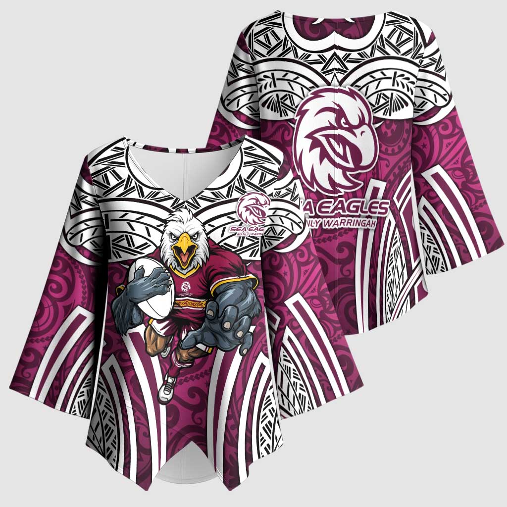 Manly Warringah Sea Eagles Rugby Kimono Sleeve Blouse Polynesian Tribal Eagle Warrior Maroon Pattern