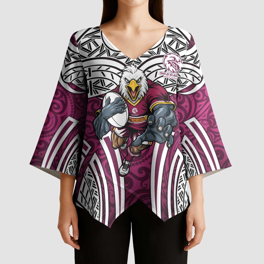 Manly Warringah Sea Eagles Rugby Kimono Sleeve Blouse Polynesian Tribal Eagle Warrior Maroon Pattern