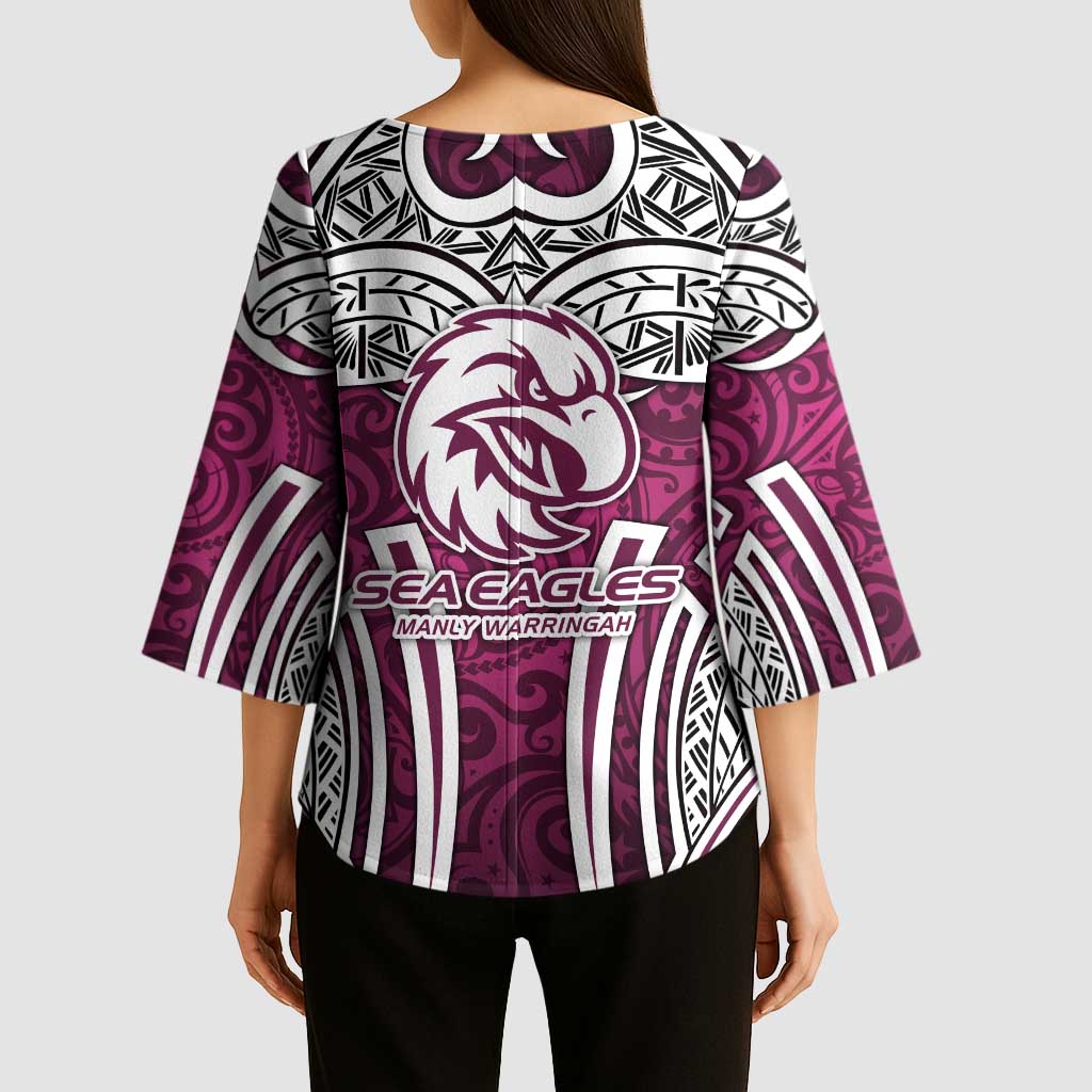 Manly Warringah Sea Eagles Rugby Kimono Sleeve Blouse Polynesian Tribal Eagle Warrior Maroon Pattern