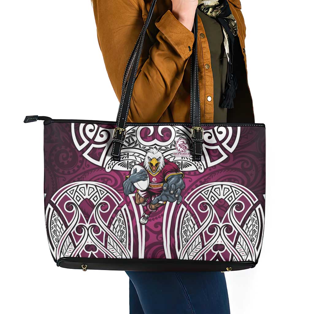 Manly Warringah Sea Eagles Rugby Leather Tote Bag Polynesian Tribal Eagle Warrior Maroon Pattern