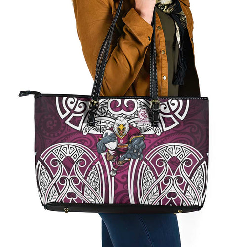 Manly Warringah Sea Eagles Rugby Leather Tote Bag Polynesian Tribal Eagle Warrior Maroon Pattern