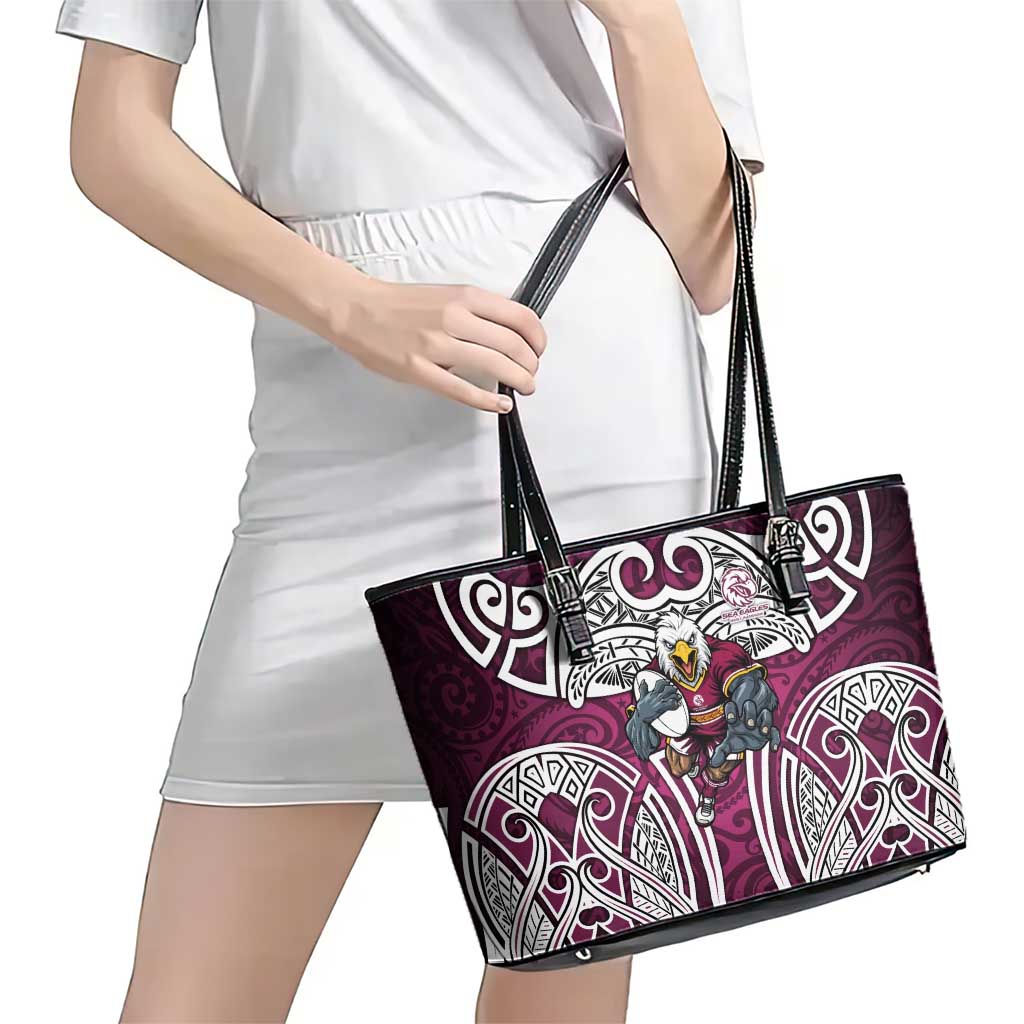 Manly Warringah Sea Eagles Rugby Leather Tote Bag Polynesian Tribal Eagle Warrior Maroon Pattern