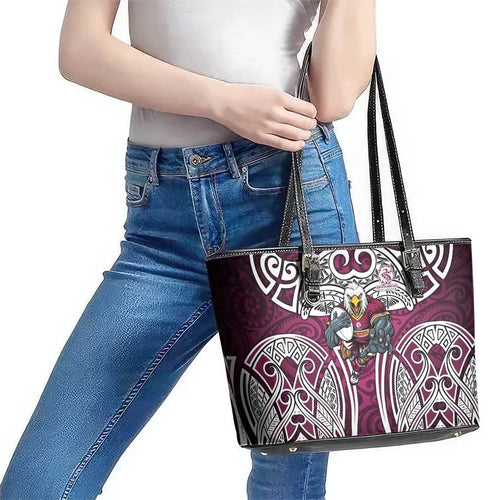 Manly Warringah Sea Eagles Rugby Leather Tote Bag Polynesian Tribal Eagle Warrior Maroon Pattern