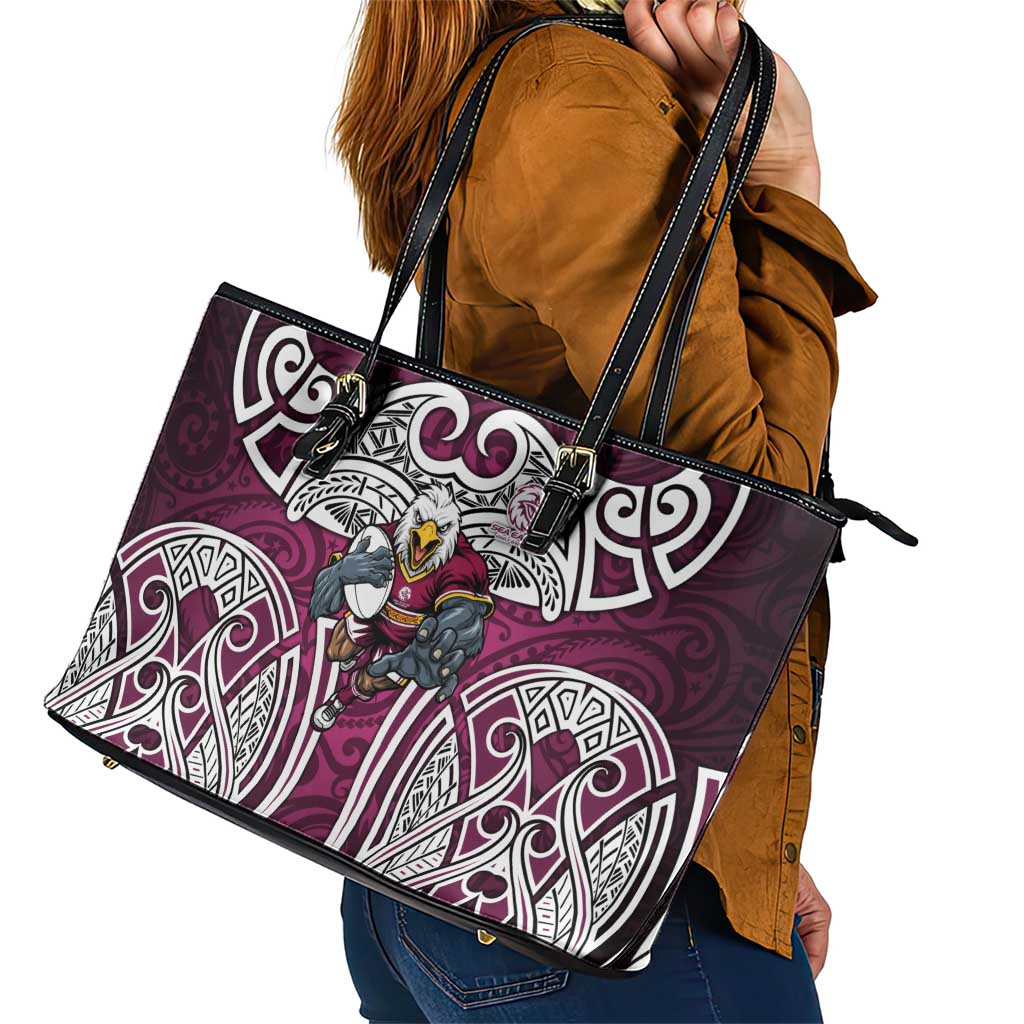 Manly Warringah Sea Eagles Rugby Leather Tote Bag Polynesian Tribal Eagle Warrior Maroon Pattern