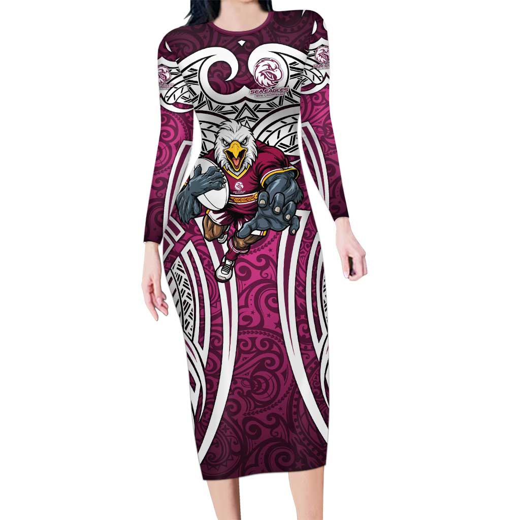 Manly Warringah Sea Eagles Rugby Long Sleeve Bodycon Dress Polynesian Tribal Eagle Warrior Maroon Pattern