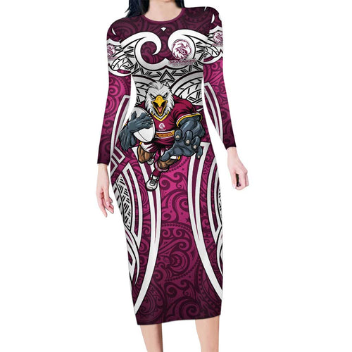 Manly Warringah Sea Eagles Rugby Long Sleeve Bodycon Dress Polynesian Tribal Eagle Warrior Maroon Pattern