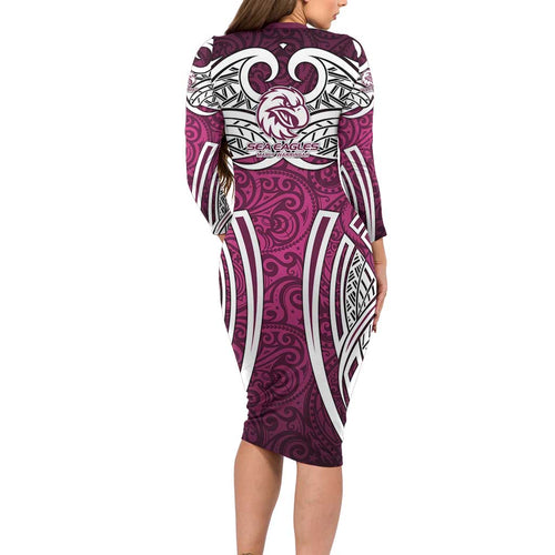 Manly Warringah Sea Eagles Rugby Long Sleeve Bodycon Dress Polynesian Tribal Eagle Warrior Maroon Pattern