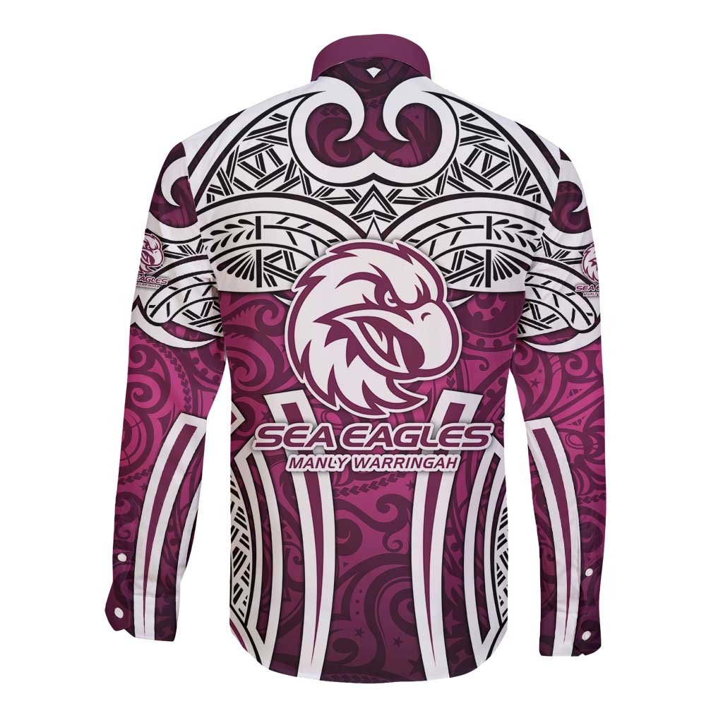 Manly Warringah Sea Eagles Rugby Long Sleeve Button Shirt Polynesian Tribal Eagle Warrior Maroon Pattern