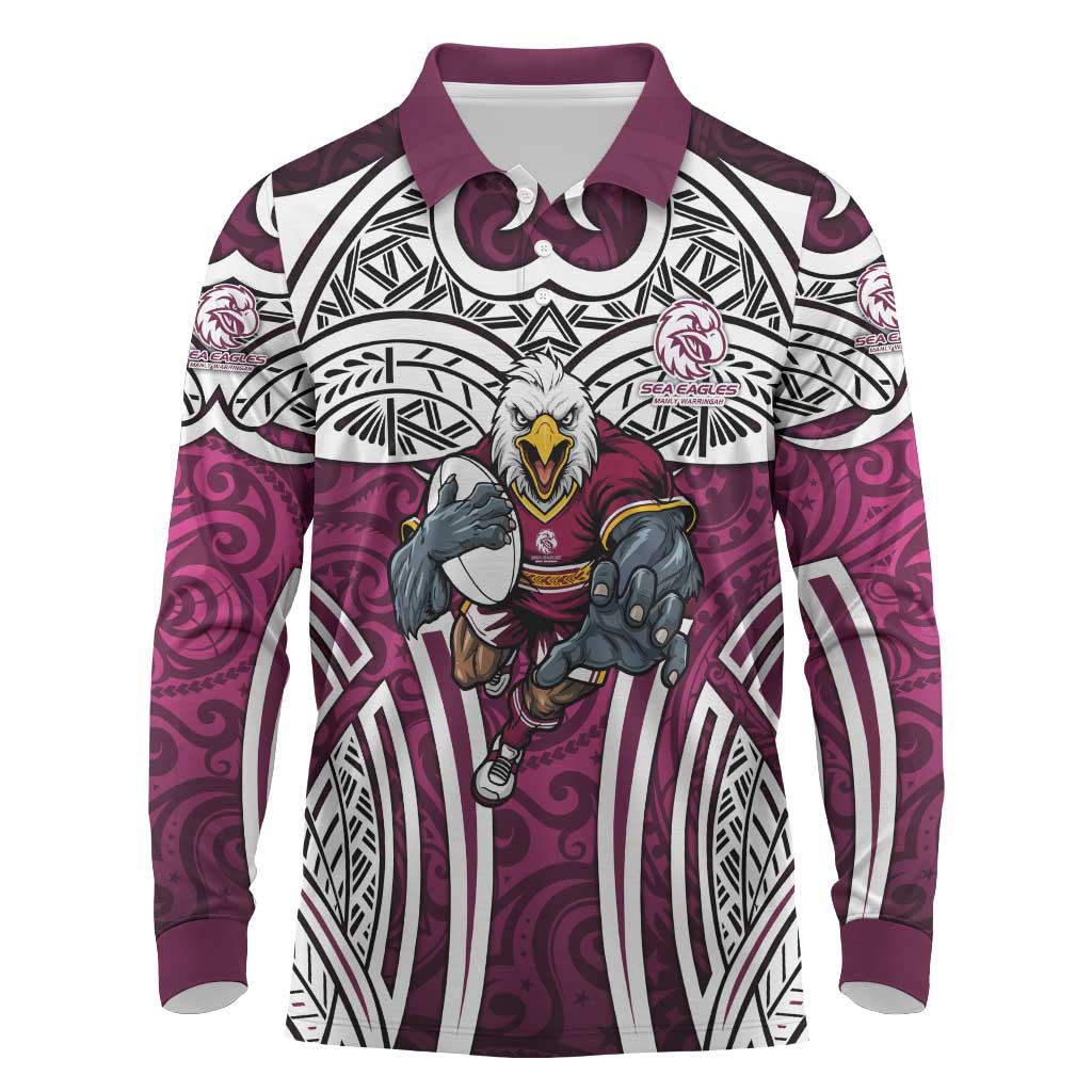Manly Warringah Sea Eagles Rugby Long Sleeve Polo Shirt Polynesian Tribal Eagle Warrior Maroon Pattern