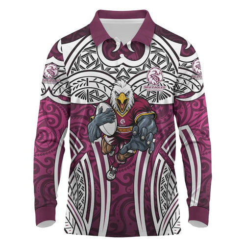 Manly Warringah Sea Eagles Rugby Long Sleeve Polo Shirt Polynesian Tribal Eagle Warrior Maroon Pattern