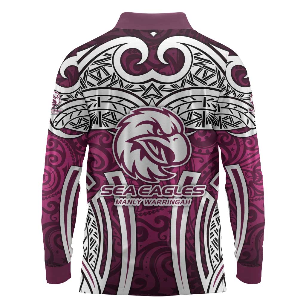 Manly Warringah Sea Eagles Rugby Long Sleeve Polo Shirt Polynesian Tribal Eagle Warrior Maroon Pattern