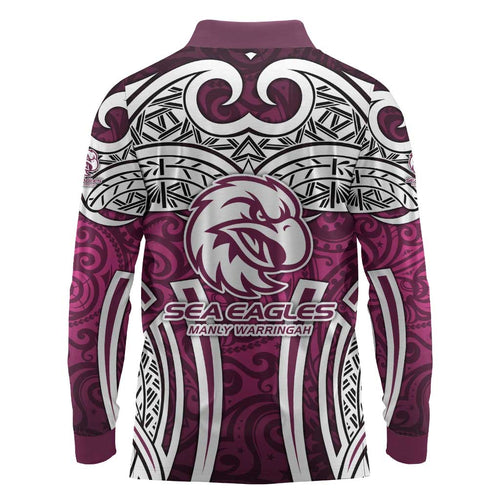 Manly Warringah Sea Eagles Rugby Long Sleeve Polo Shirt Polynesian Tribal Eagle Warrior Maroon Pattern