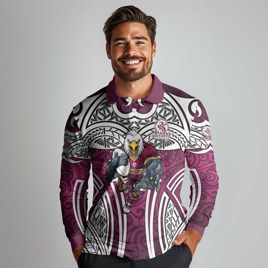 Manly Warringah Sea Eagles Rugby Long Sleeve Polo Shirt Polynesian Tribal Eagle Warrior Maroon Pattern
