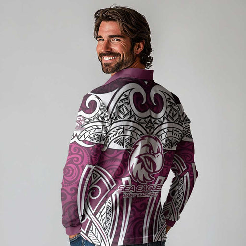Manly Warringah Sea Eagles Rugby Long Sleeve Polo Shirt Polynesian Tribal Eagle Warrior Maroon Pattern