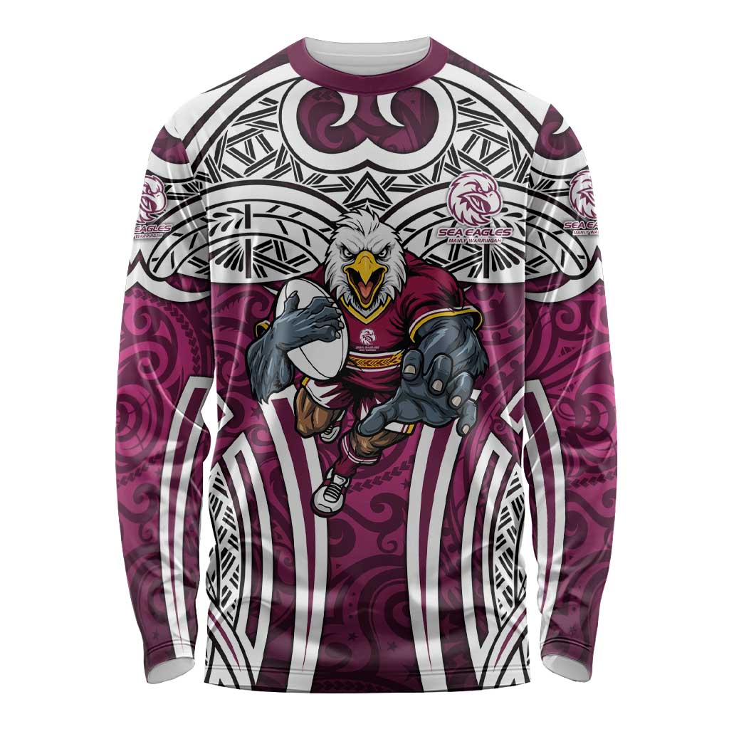Manly Warringah Sea Eagles Rugby Long Sleeve Shirt Polynesian Tribal Eagle Warrior Maroon Pattern