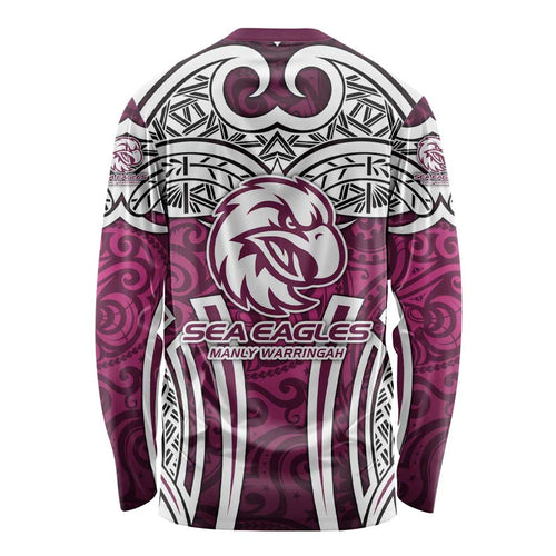 Manly Warringah Sea Eagles Rugby Long Sleeve Shirt Polynesian Tribal Eagle Warrior Maroon Pattern