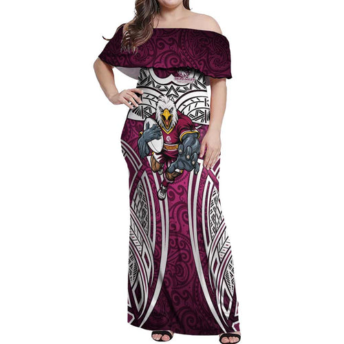 Manly Warringah Sea Eagles Rugby Off Shoulder Maxi Dress Polynesian Tribal Eagle Warrior Maroon Pattern