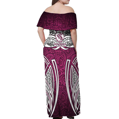 Manly Warringah Sea Eagles Rugby Off Shoulder Maxi Dress Polynesian Tribal Eagle Warrior Maroon Pattern