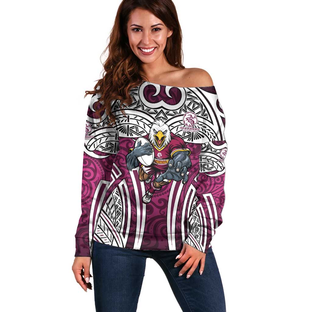 Manly Warringah Sea Eagles Rugby Off Shoulder Sweater Polynesian Tribal Eagle Warrior Maroon Pattern