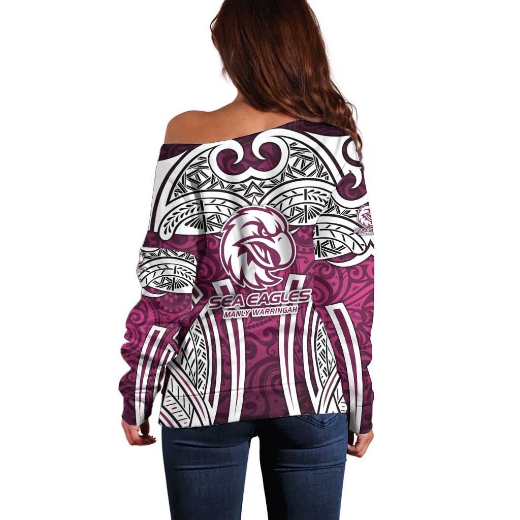 Manly Warringah Sea Eagles Rugby Off Shoulder Sweater Polynesian Tribal Eagle Warrior Maroon Pattern