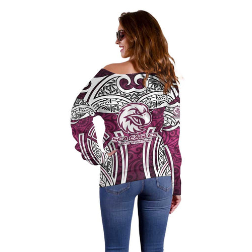 Manly Warringah Sea Eagles Rugby Off Shoulder Sweater Polynesian Tribal Eagle Warrior Maroon Pattern