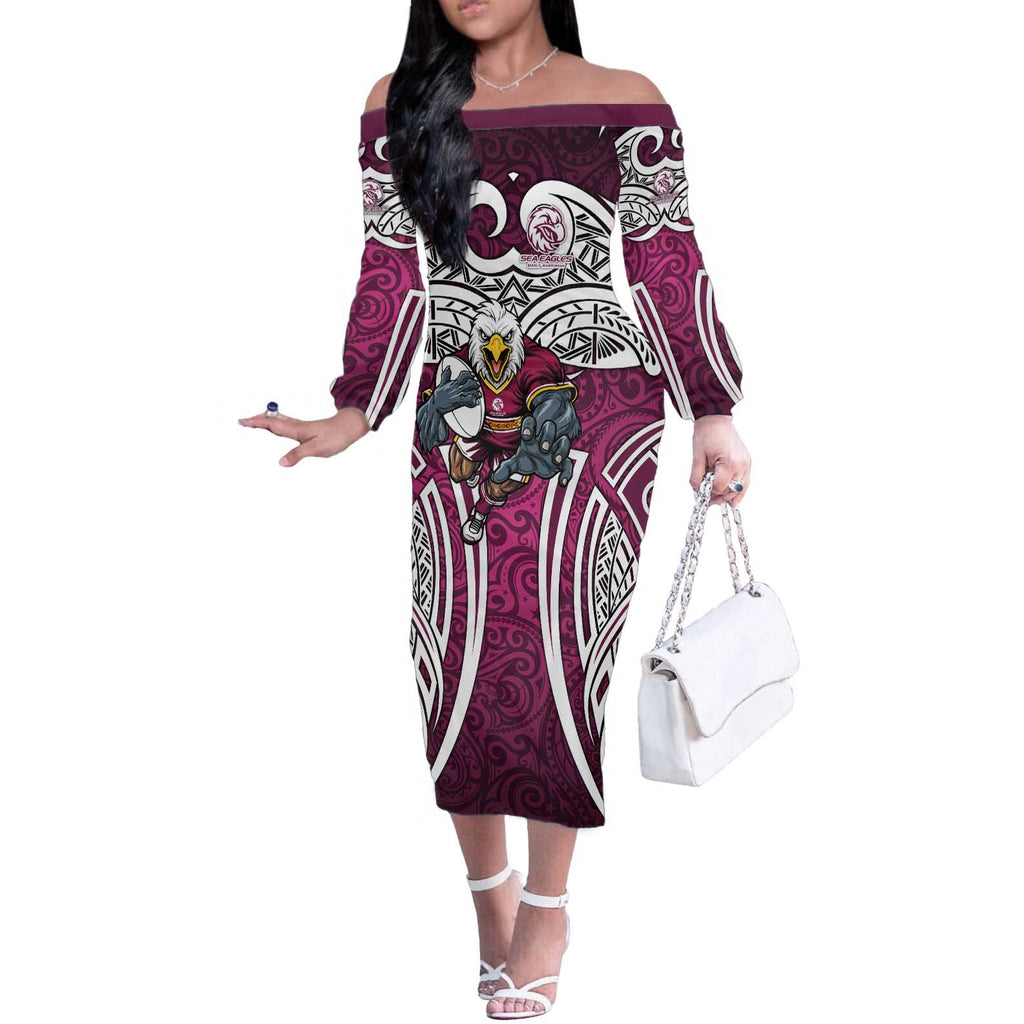 Manly Warringah Sea Eagles Rugby Off The Shoulder Long Sleeve Dress Polynesian Tribal Eagle Warrior Maroon Pattern