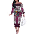 Manly Warringah Sea Eagles Rugby Off The Shoulder Long Sleeve Dress Polynesian Tribal Eagle Warrior Maroon Pattern