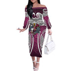 Manly Warringah Sea Eagles Rugby Off The Shoulder Long Sleeve Dress Polynesian Tribal Eagle Warrior Maroon Pattern