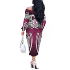 Manly Warringah Sea Eagles Rugby Off The Shoulder Long Sleeve Dress Polynesian Tribal Eagle Warrior Maroon Pattern