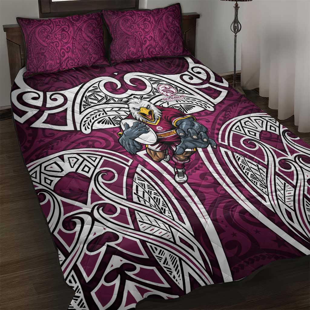Manly Warringah Sea Eagles Rugby Quilt Bed Set Polynesian Tribal Eagle Warrior Maroon Pattern
